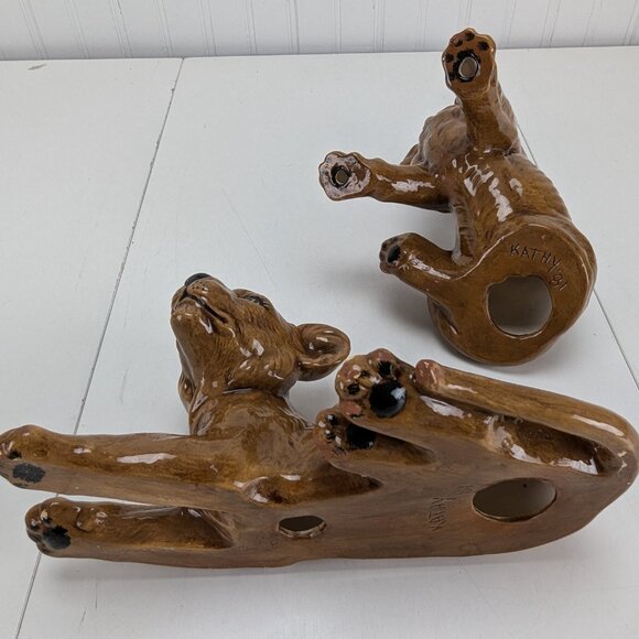 Vintage Lion Cubs Ceramic Figurines Set of 2 Brown Kathy 1981 Home Decor - Picture 5 of 14